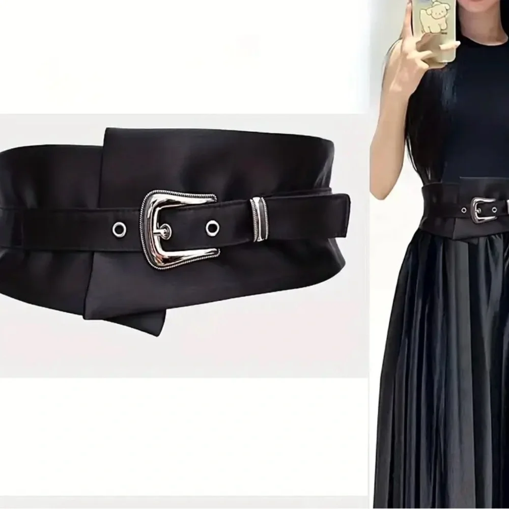Handcuffed waistband elas satin wide decorative dress with skirt